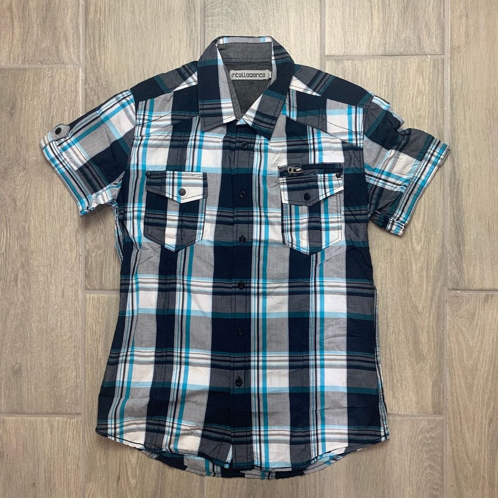 Blue Plaid Intelleance Mens Small Button up Shirt
